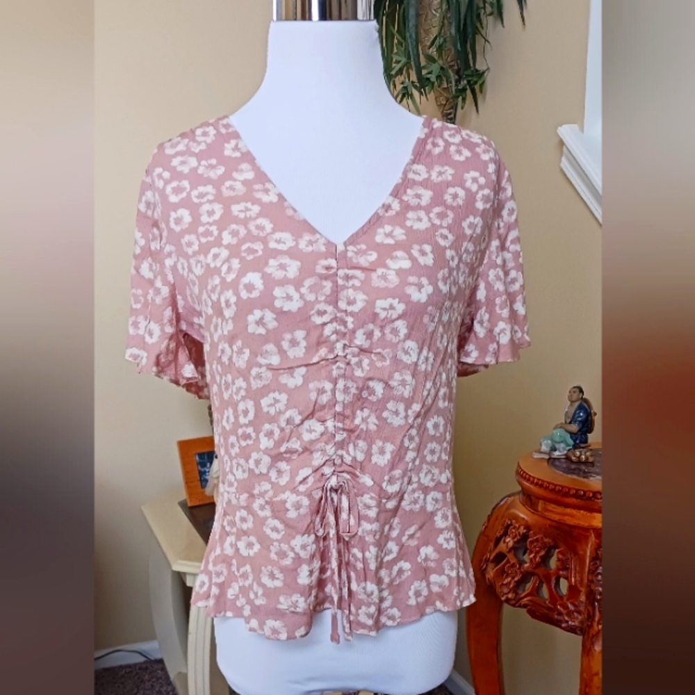 Hem & Thread Floral Ruched Front Top S Blush